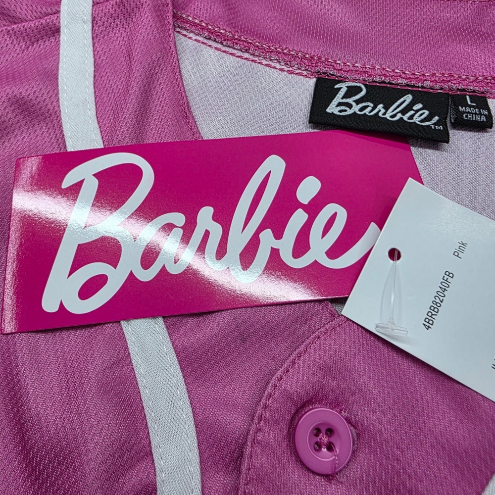 Barbie Baseball Jersey Pink White Button Up Logo 59 Graphic Shirt Large Womens - Picture 3 of 13